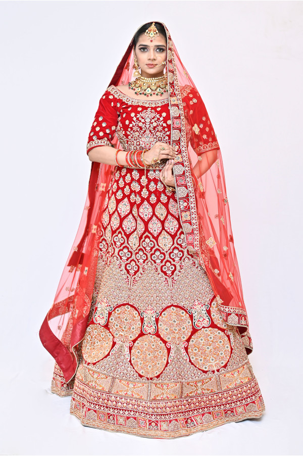 Red Gold Bridal Lehenga on Rent