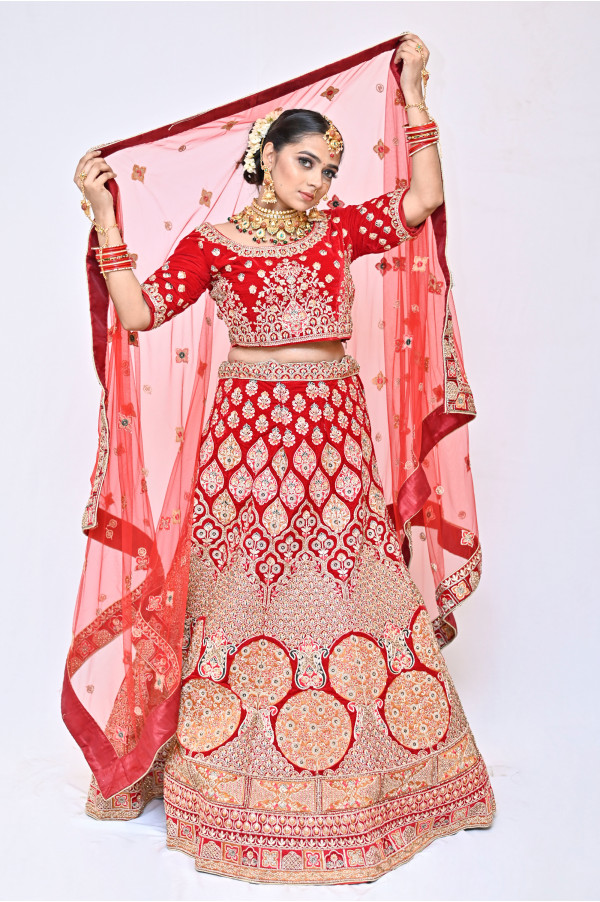 Red Gold Bridal Lehenga on Rent