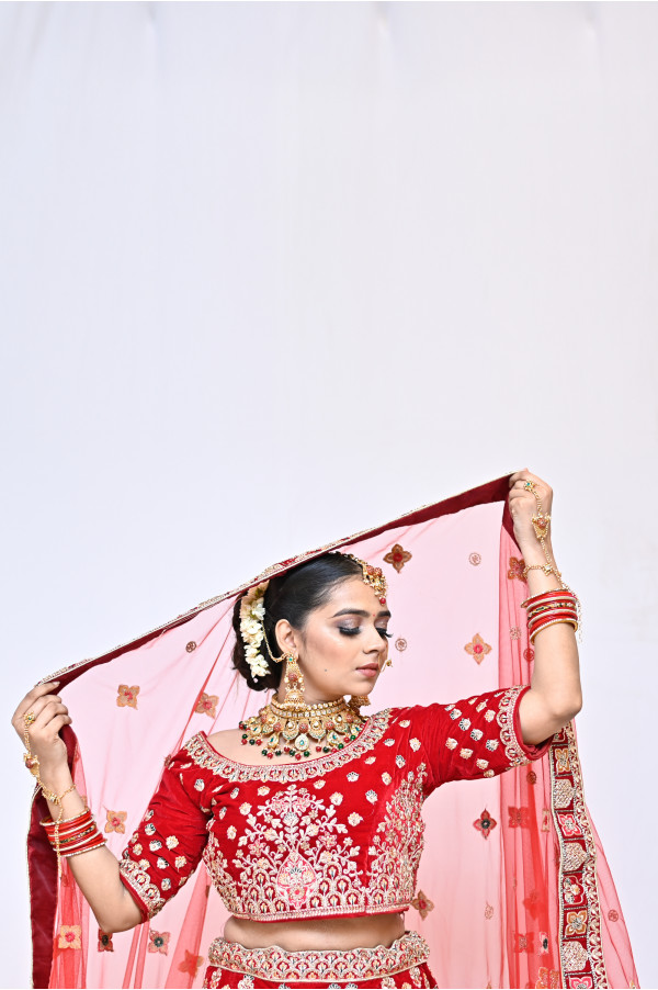 Red Gold Bridal Lehenga on Rent