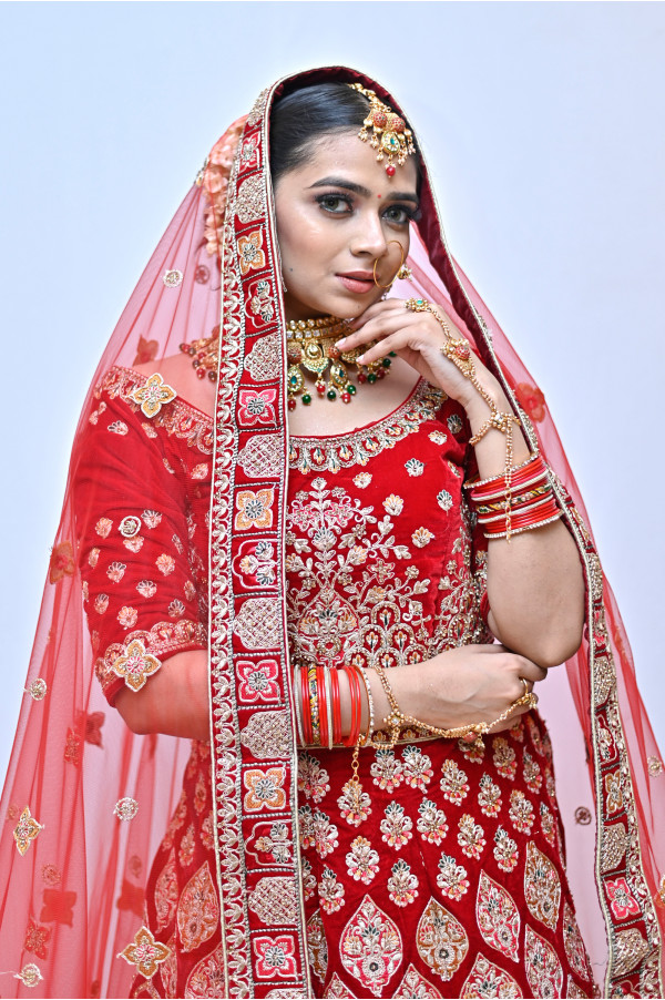 Red Gold Bridal Lehenga on Rent