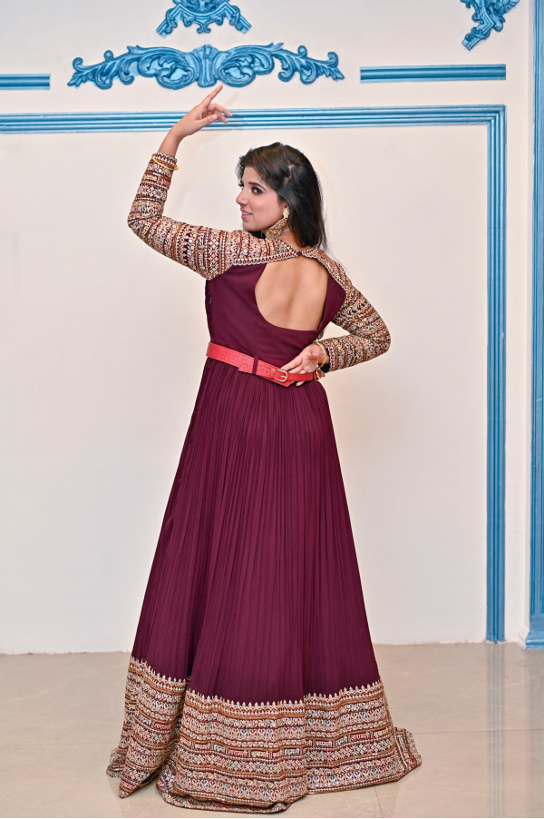 Wine Gown with Belt on Rent