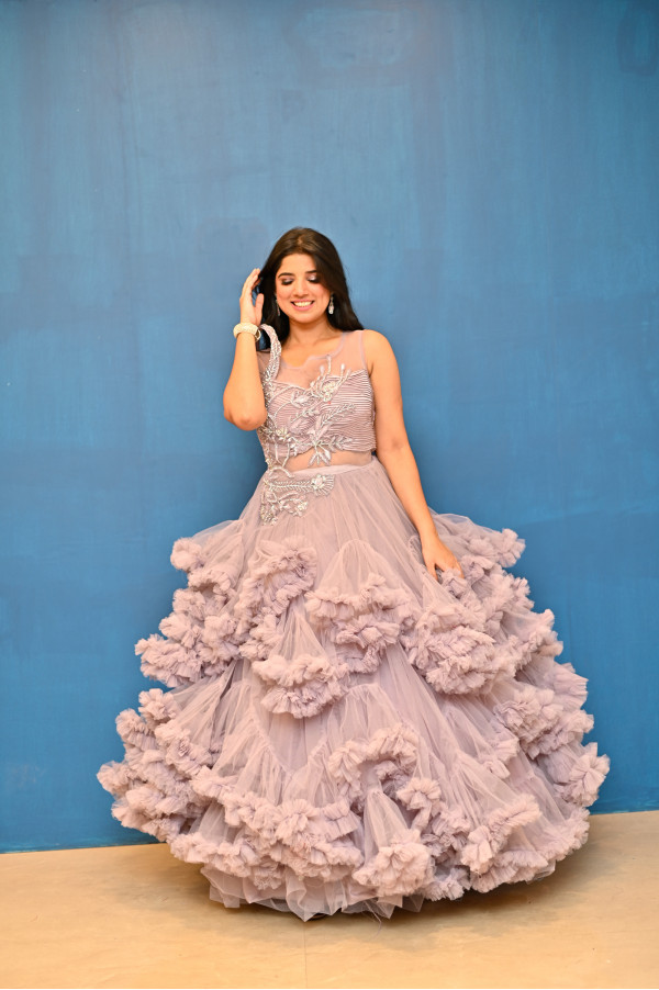 Purple Gown with Frills on Rent