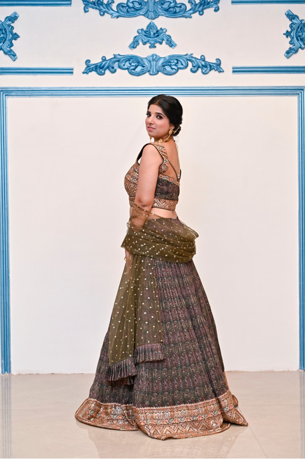 Brown Printed Lehenga on Rent