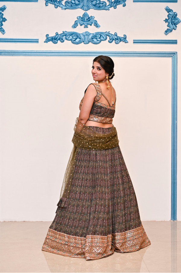 Brown Printed Lehenga on Rent