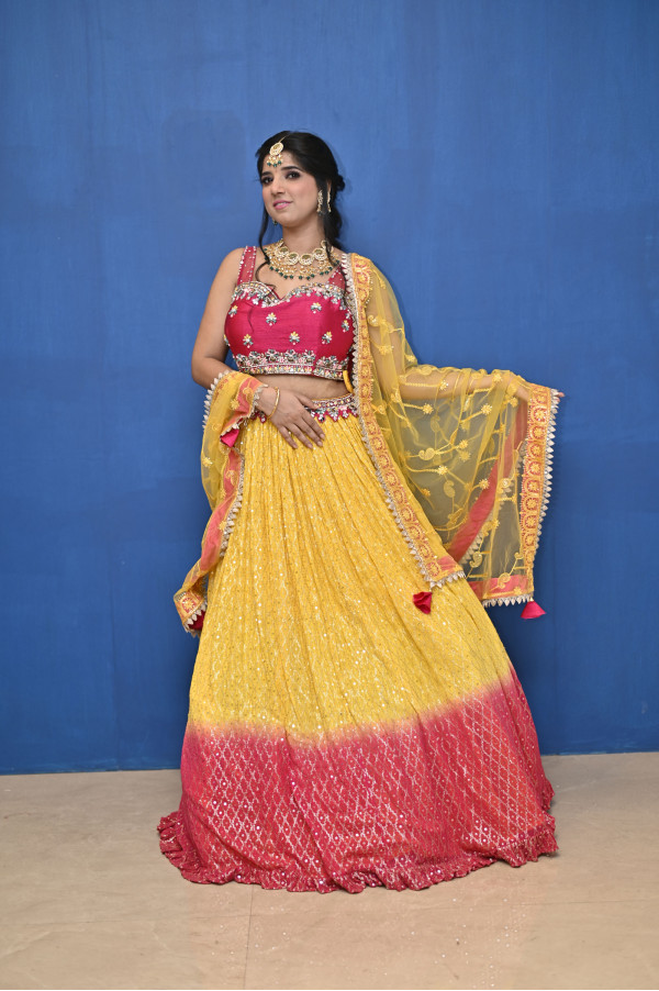 Yellow Party Wear Lehenga on Rent for Haldi