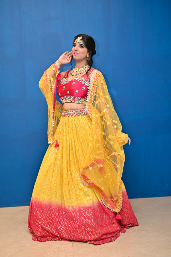 Yellow Party Wear Lehenga on Rent for Haldi