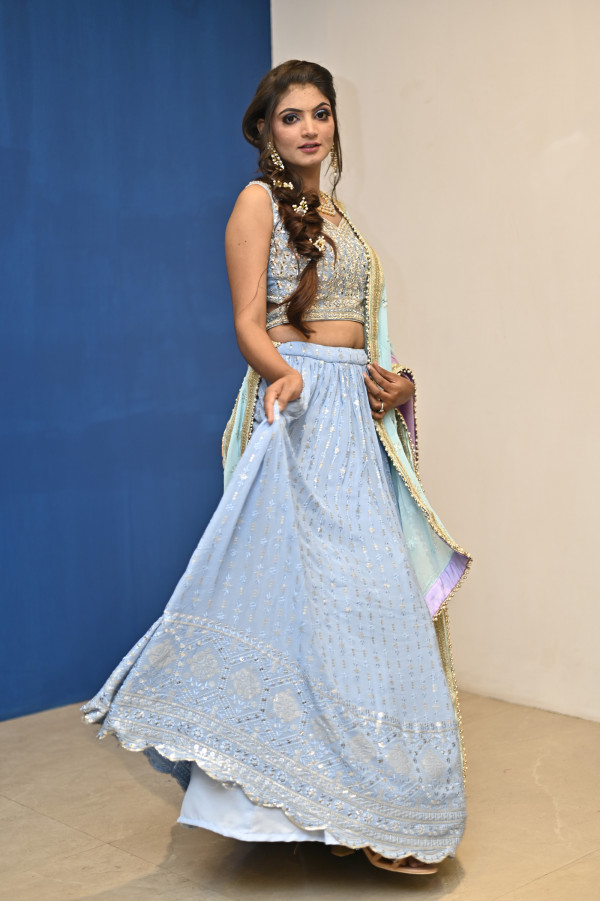  Sky Blue Party Wear Lehenga on Rent 