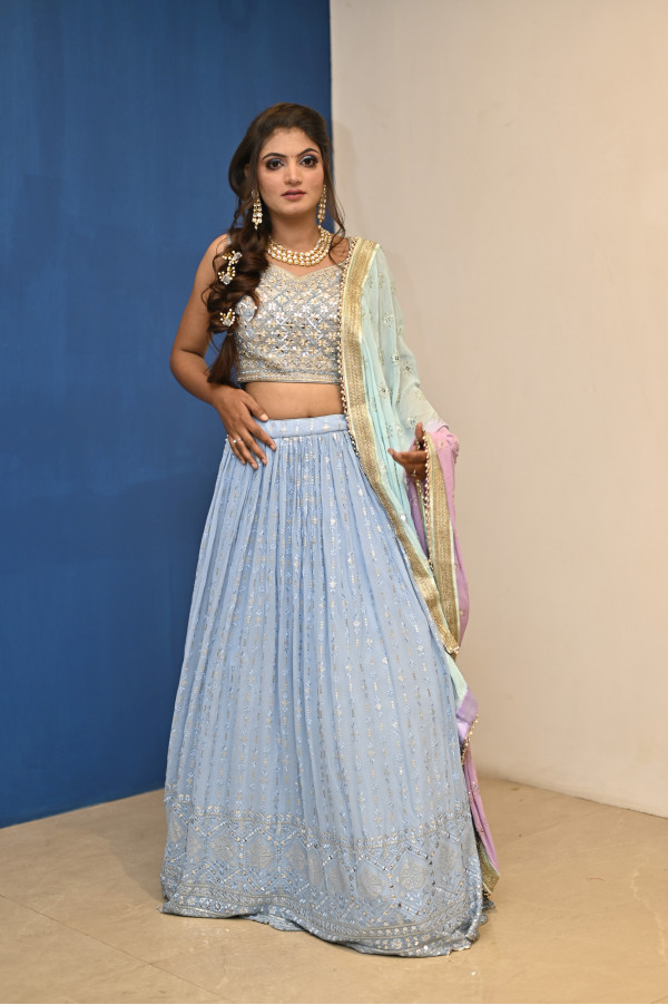  Sky Blue Party Wear Lehenga on Rent 