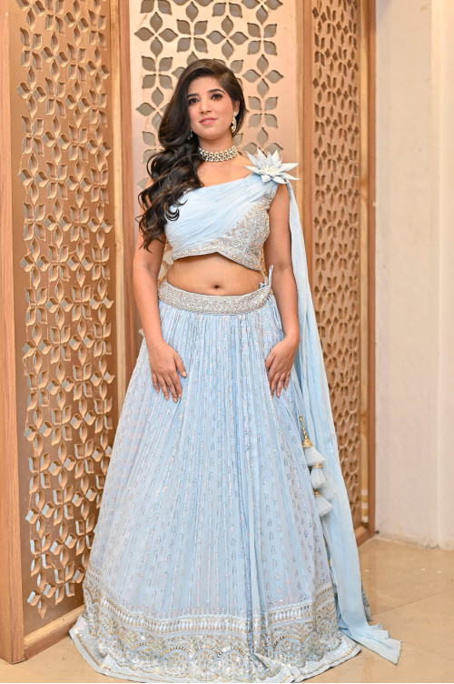  Sky Blue Party Wear Lehenga on Rent 