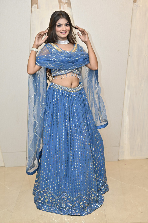 Blue Mirror Party Wear Lehenga on Rent 