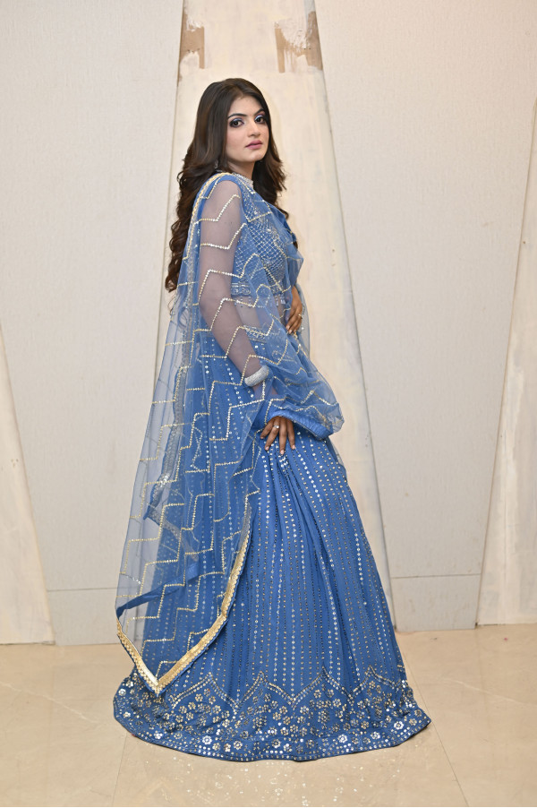 Blue Mirror Party Wear Lehenga on Rent 