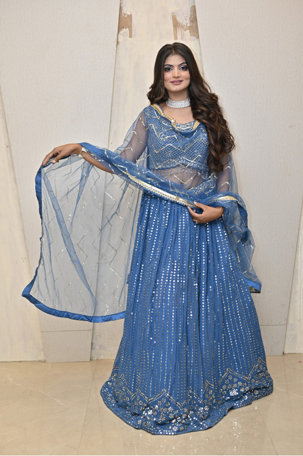 Blue Mirror Party Wear Lehenga on Rent 