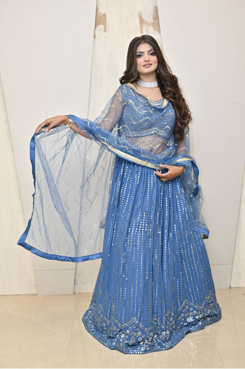 Blue Mirror Party Wear Lehenga on Rent 