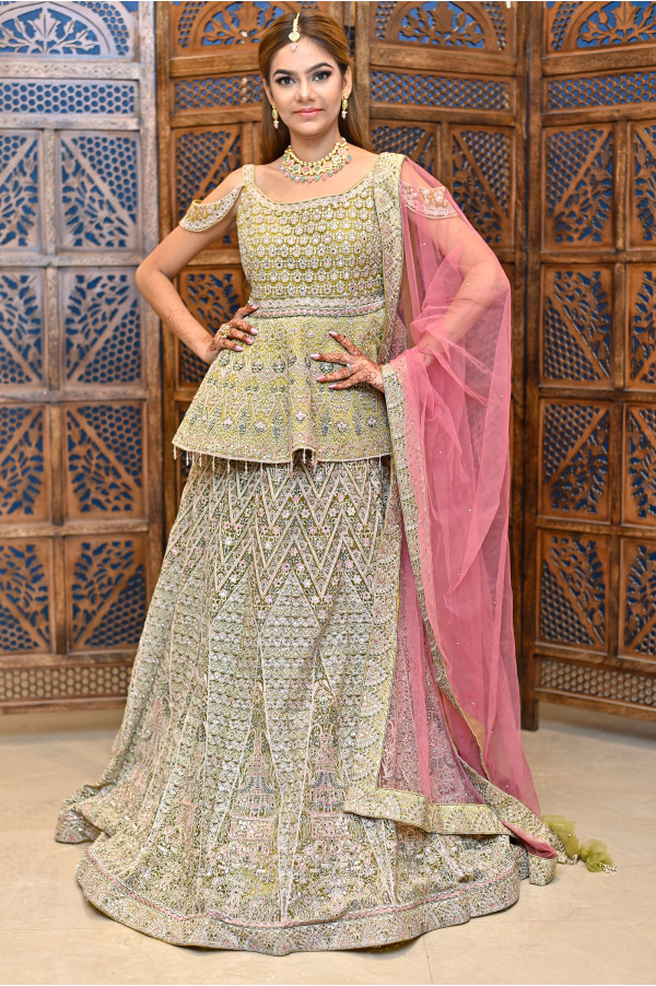 Green Full Work Lehenga on Rent