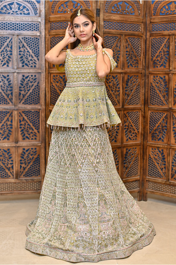 Green Full Work Lehenga on Rent