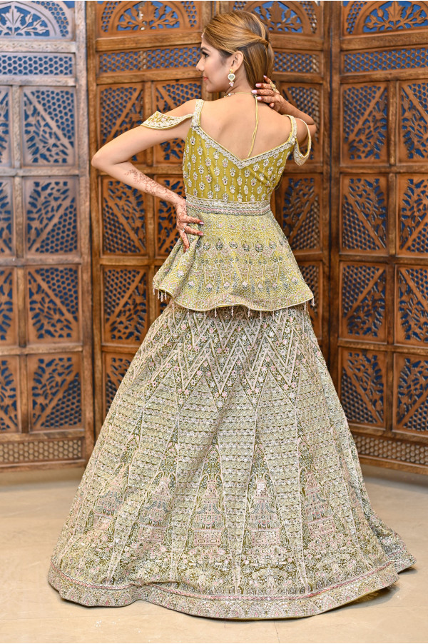 Green Full Work Lehenga on Rent