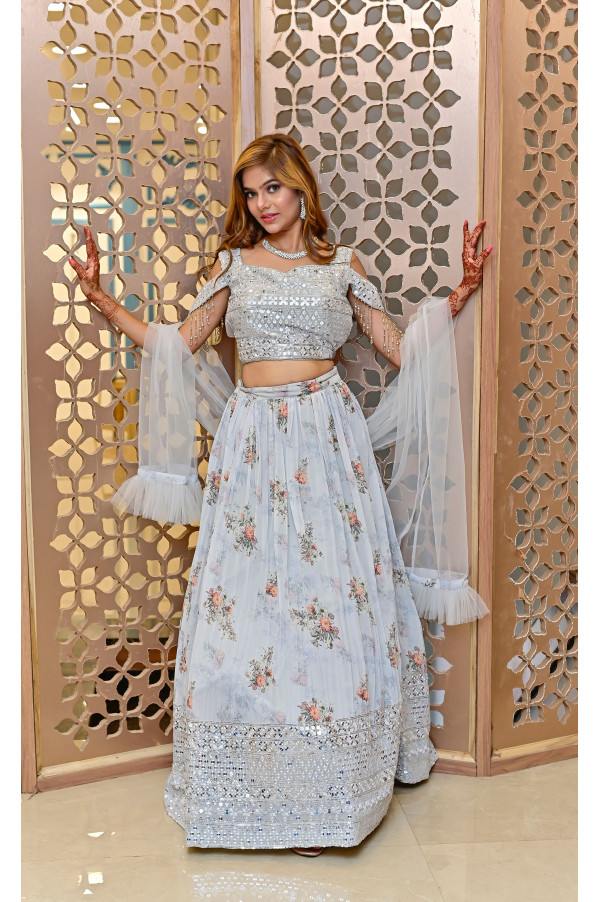 Grey Printed Lehenga on Rent