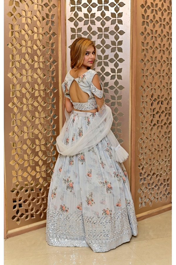 Grey Printed Lehenga on Rent