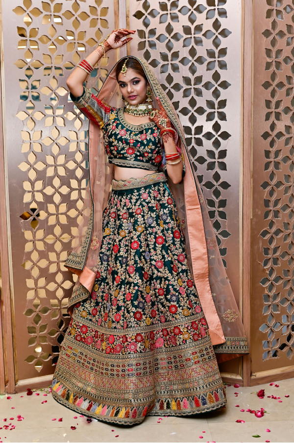 Green Flower Lehenga on Rent